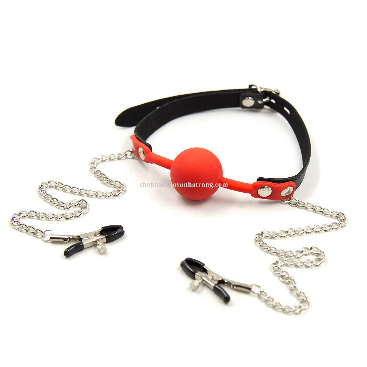 Bóng Khóa Miệng Ball Gag Silicon + Kẹp Vú